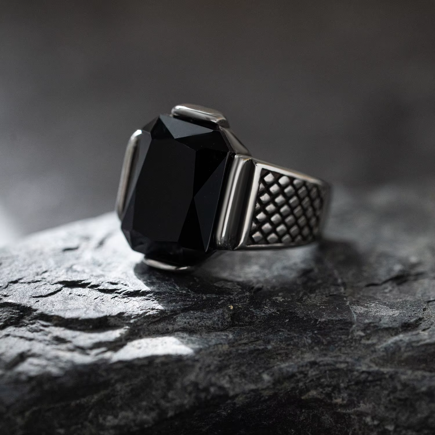 Rectangular Gemstone Grid Band Stainless Steel Ring