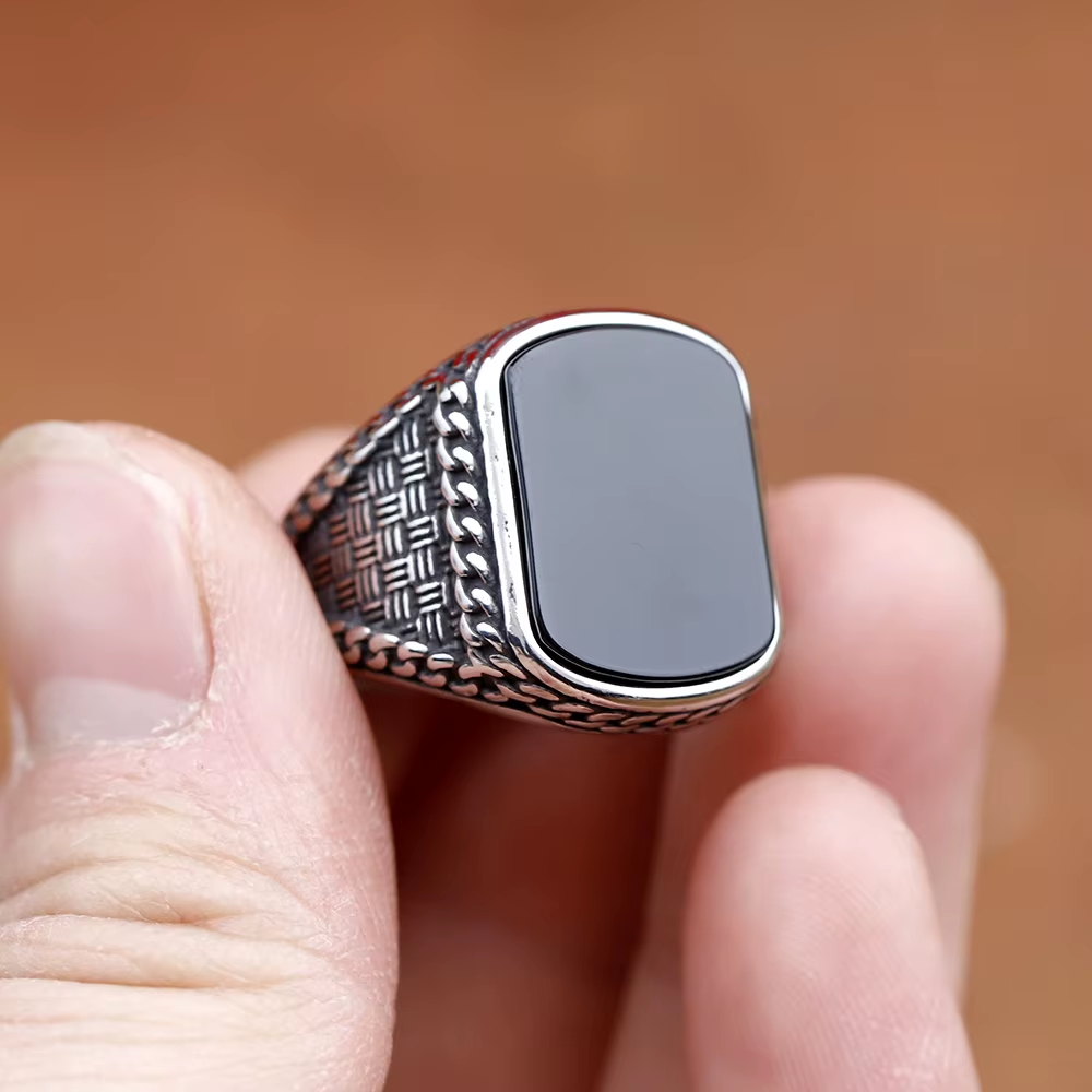 Woven‑Pattern Onyx Inlaid Stainless Steel Ring