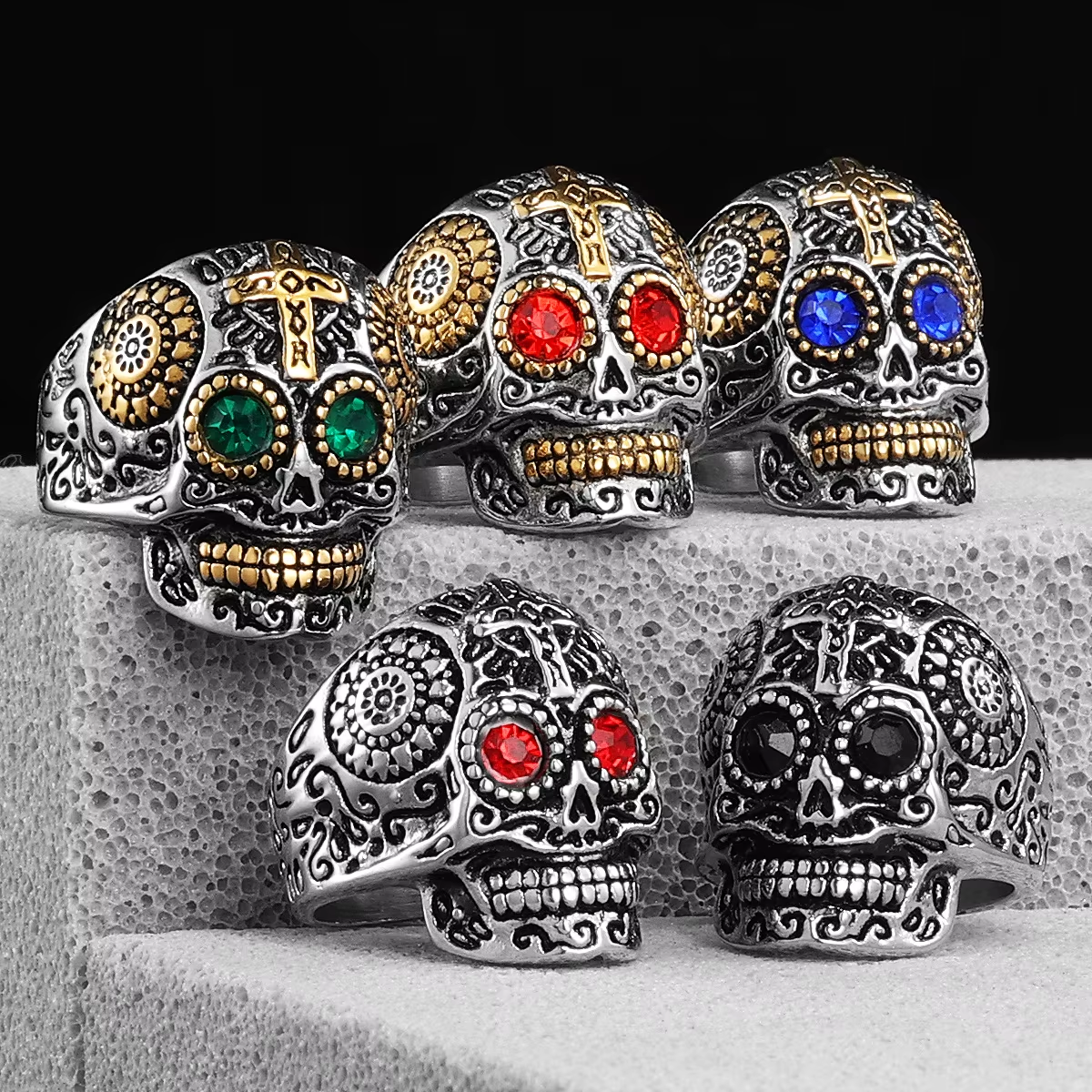 Vintage Kreuz Edelstahl Sugar Skull Ring