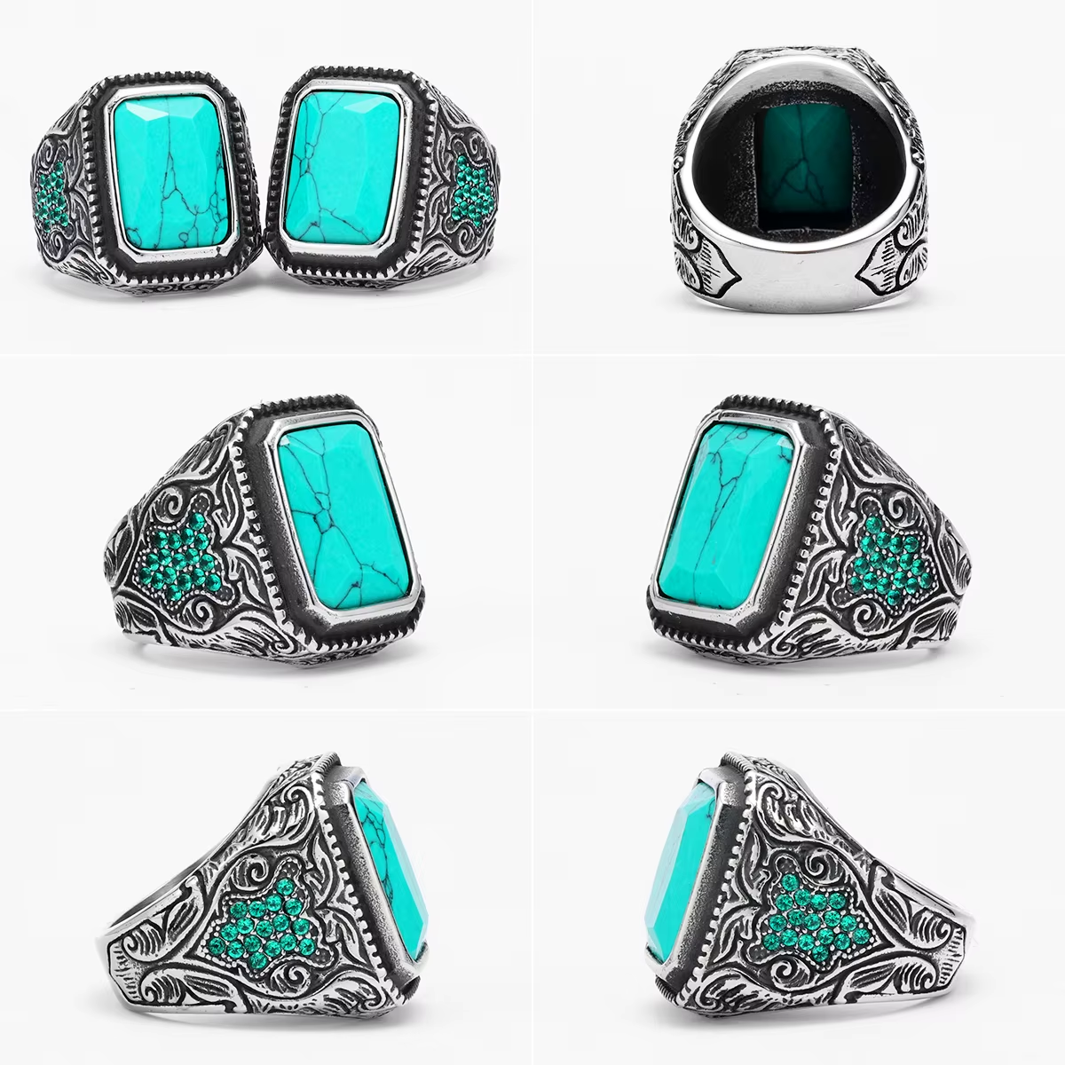 Carved Multi‑Gem Stainless Steel Ring