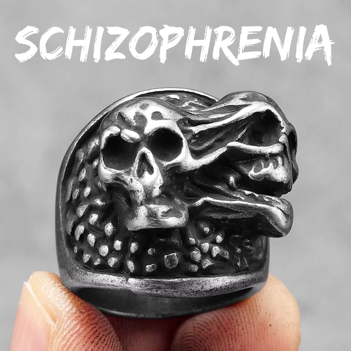 Split Personality Twin Skull Gothic Biker Ring