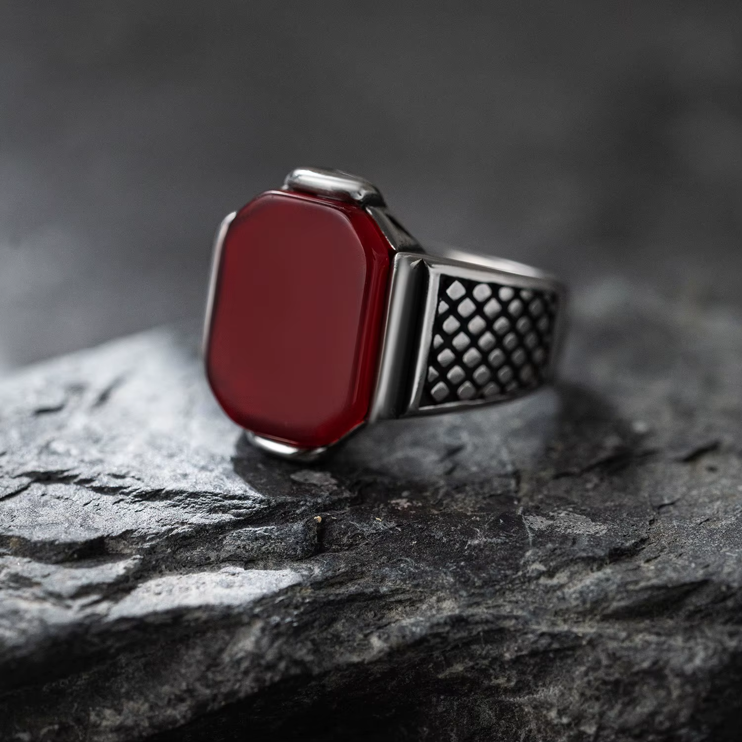 Rectangular Gemstone Grid Band Stainless Steel Ring