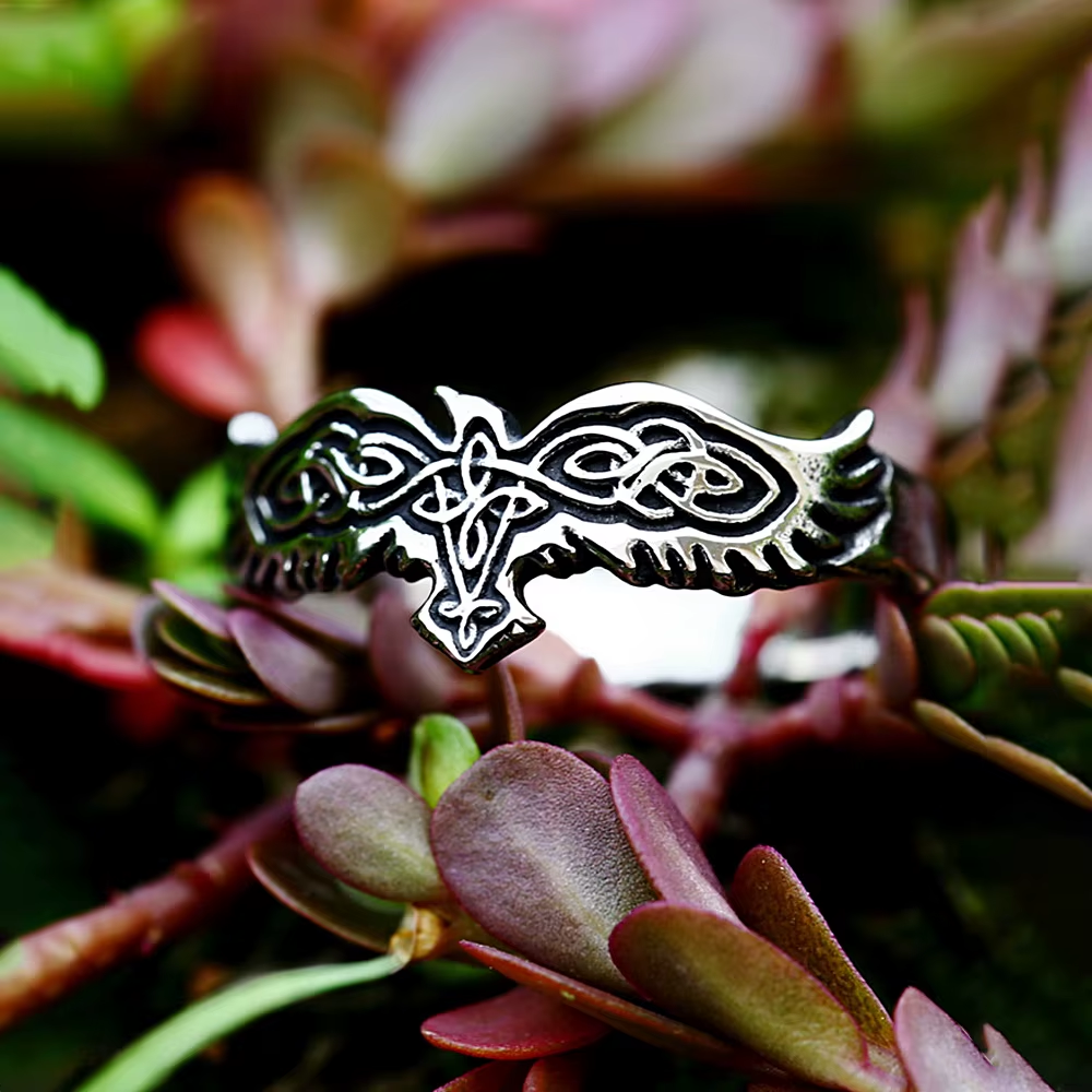 Viking Celtic Knot Raven Stainless Steel Slim Ring