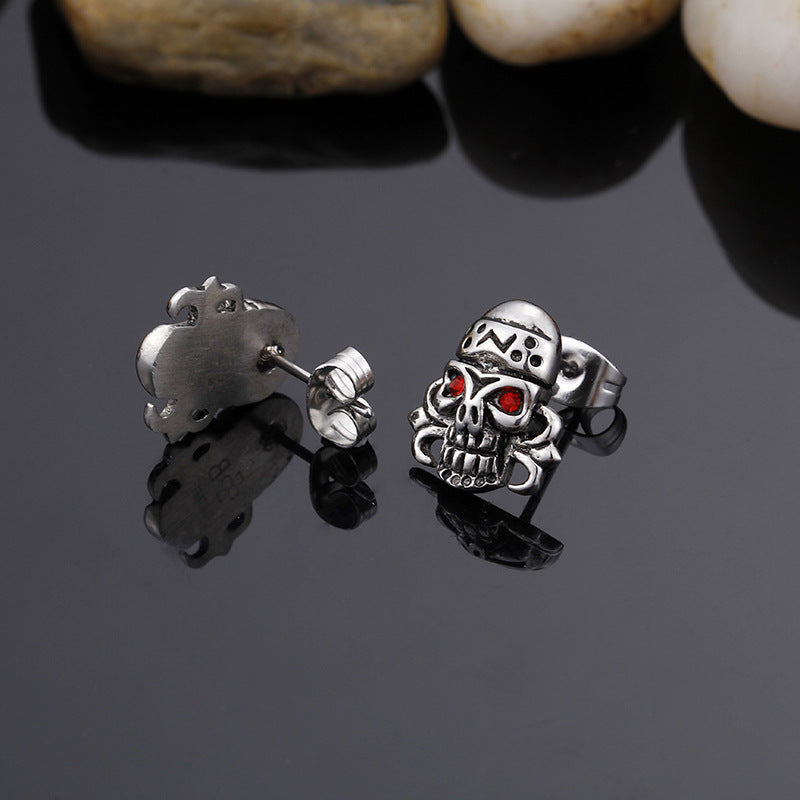 Punk Skull Stud Earrings with Red Diamonds-Vrafi Jewelry