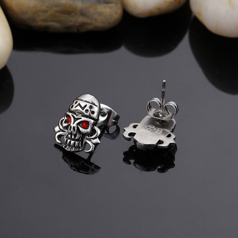 Punk Skull Stud Earrings with Red Diamonds-Vrafi Jewelry