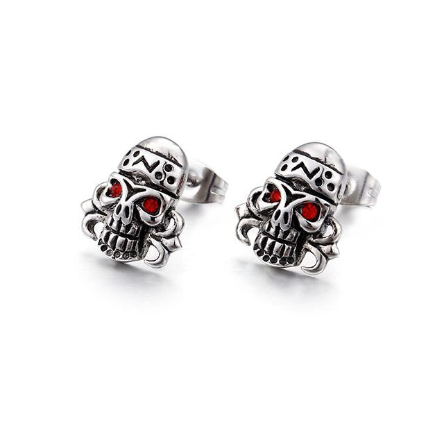 Punk Skull Stud Earrings with Red Diamonds-Vrafi Jewelry