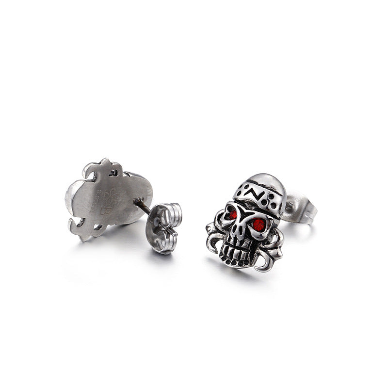 Punk Skull Stud Earrings with Red Diamonds-Vrafi Jewelry