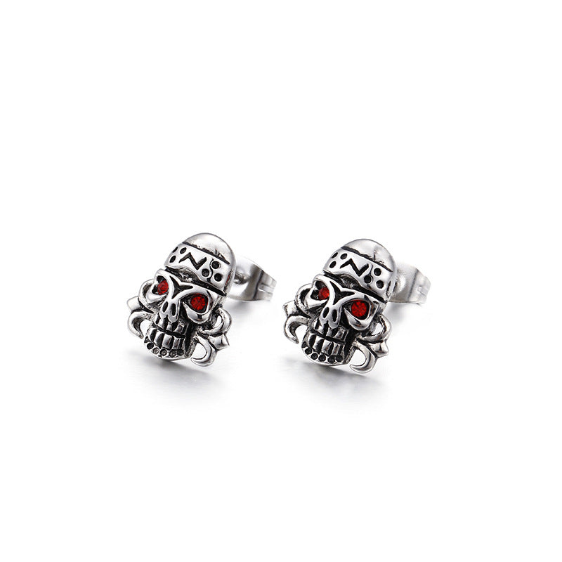 Punk Skull Stud Earrings with Red Diamonds-Vrafi Jewelry