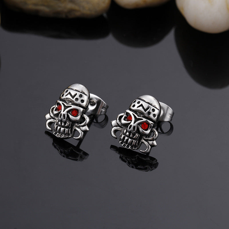 Punk Skull Stud Earrings with Red Diamonds-Vrafi Jewelry